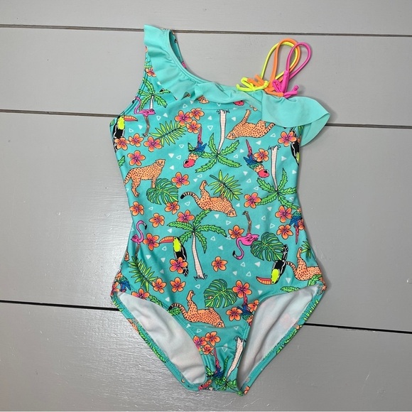 Cat & Jack Size M 7/8 Girls Rainforest Swimsuit One Shoulder Tropical Colorful - Picture 8 of 8